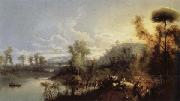Manuel Barron Y Carrillo River Landscape with Figures and Cattle oil